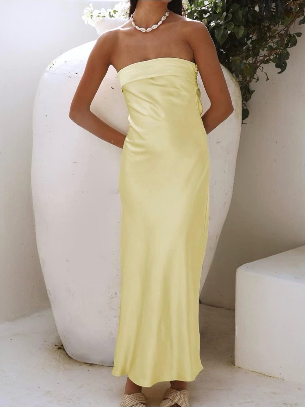 Strapless Lemon Satin Maxi Dress